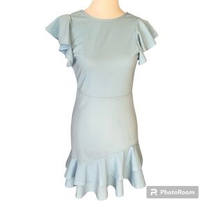 Light Blue Flutter Sleeve Asymmetrical Flounce Hem Dress XS